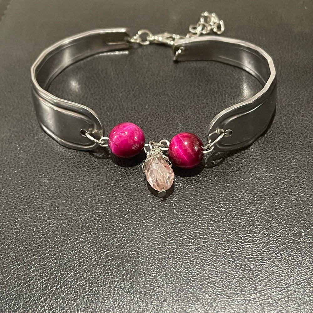 Modern Silver and Pink Bracelet with Beads handmade jewelry vintage silverware